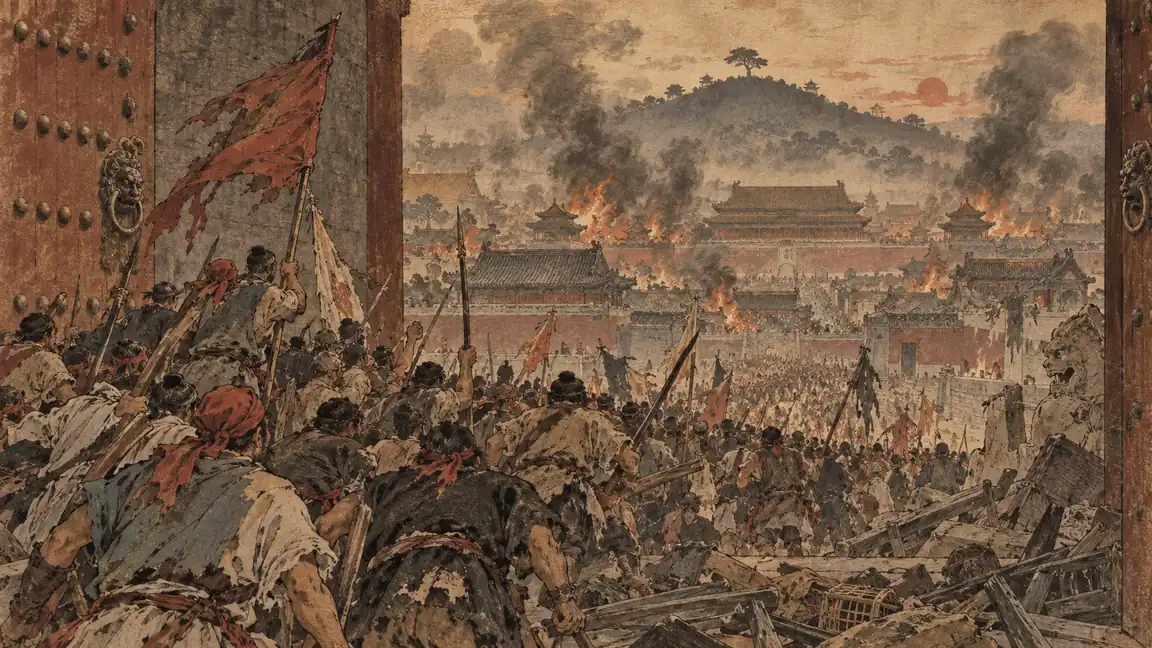 李自成破北京崇祯自缢场景示意