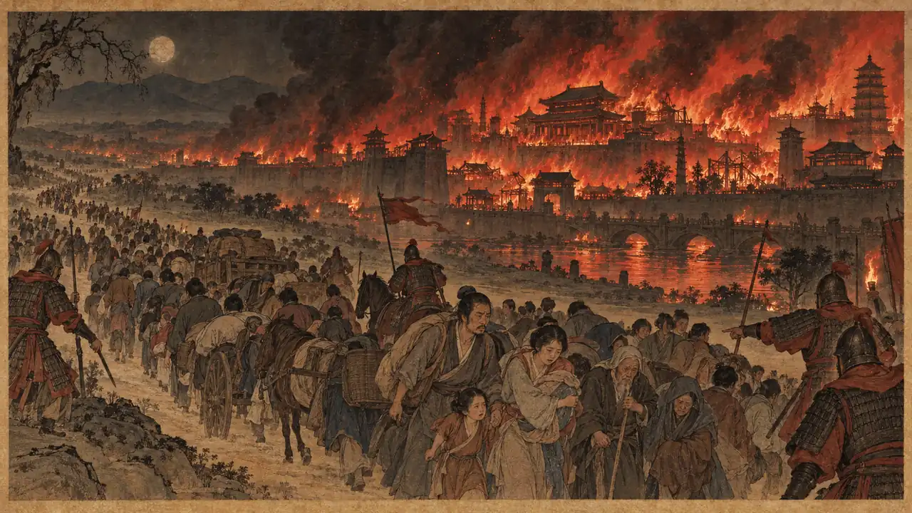 董卓焚毁洛阳迁都场景示意
