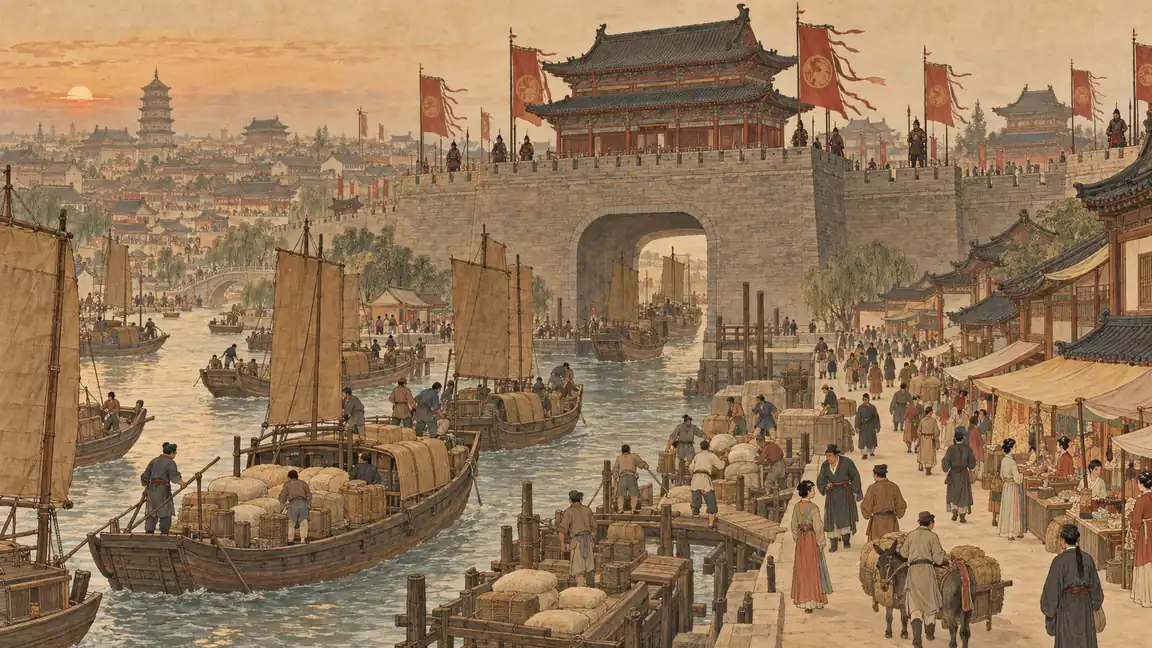 五代后梁汴州（开封）汴河漕运与城墙场景示意
