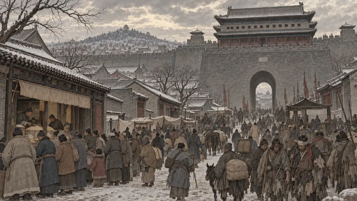 明末崇祯十七年北京城与煤山场景示意