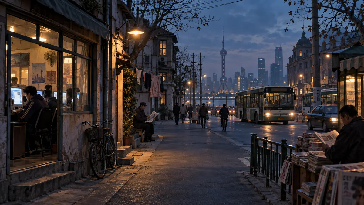 2010年前后的上海街景，电脑、报刊与城市交通构成的生活场景