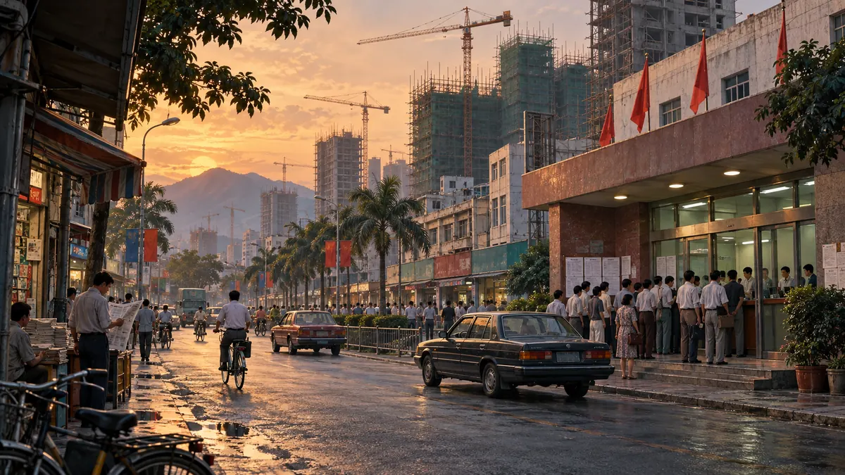 1992年深圳街景，证券营业厅、纸面公告与快速建设中的城市